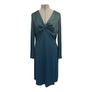 Talbots Prussian Blue Teal V-Neck Dress two-tone satin front-bow knot bodice 12